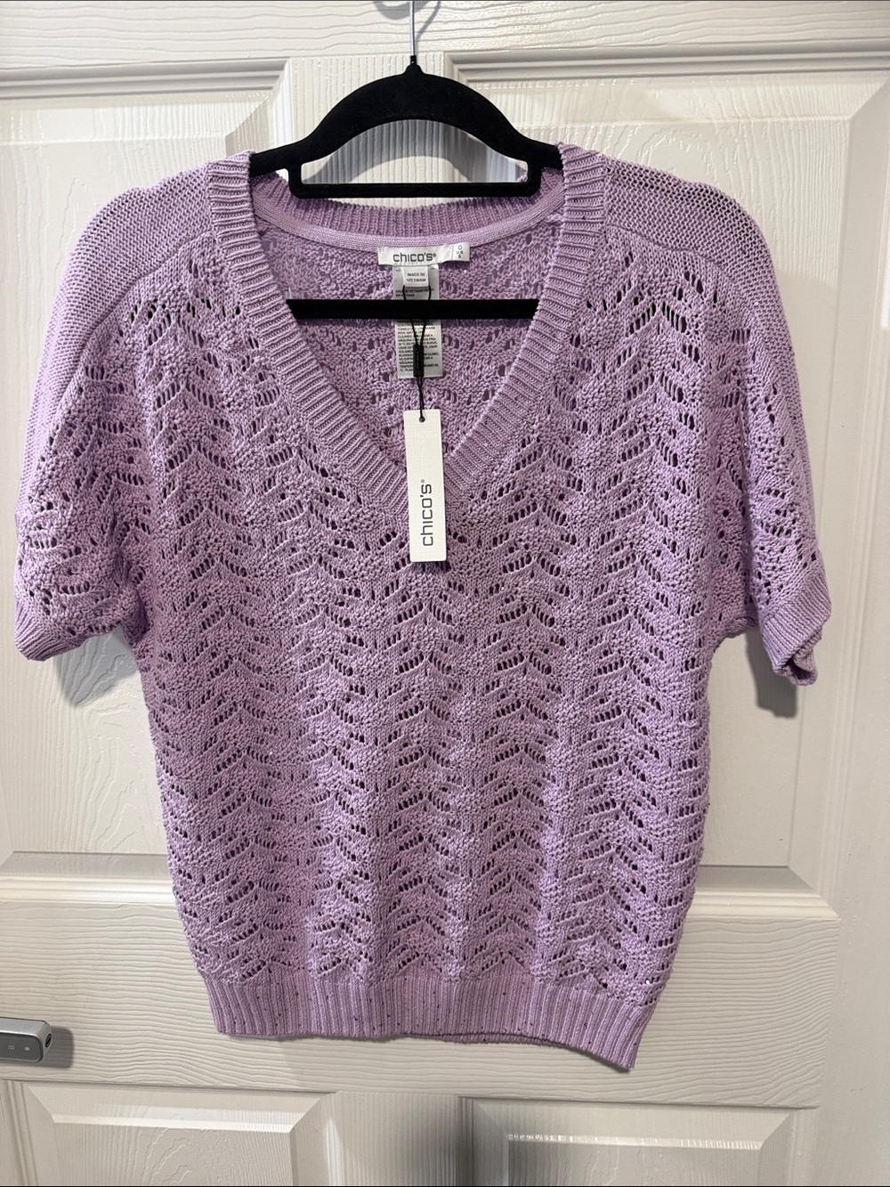 Chico's Lilac Open-Knit V-Neck Short Sleeve Sweater